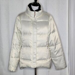 Coach Shimmer White Down Filled Faux Fur Collar Snap & Zip Front Puffer Jacket